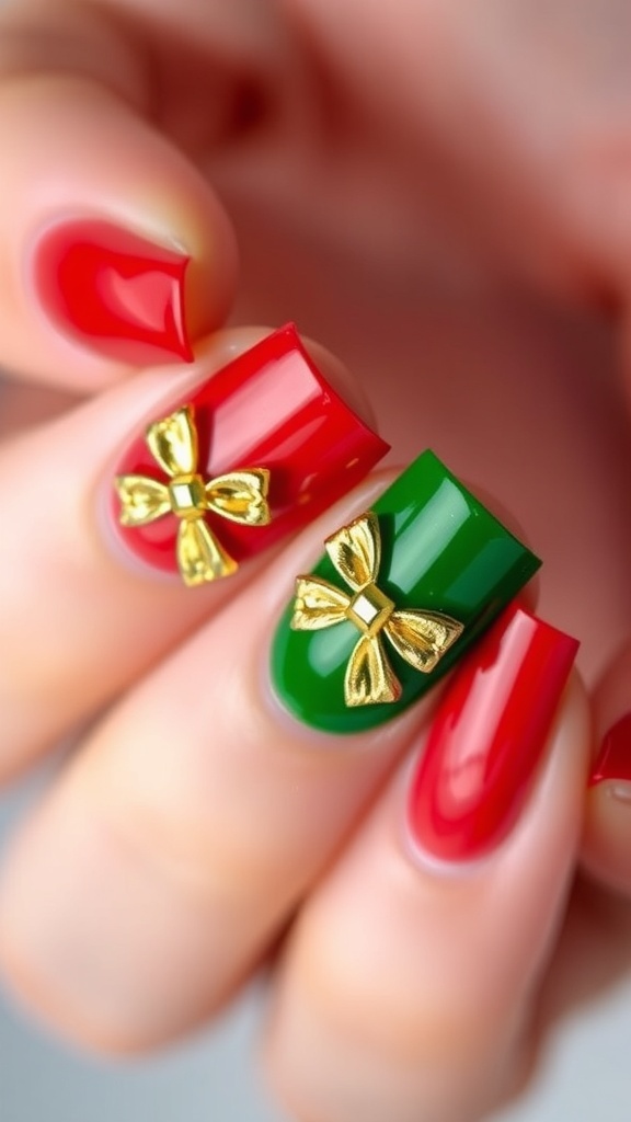 Close-up of Christmas bow nail art with red and green colors, featuring gold bows.
